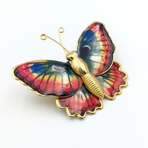 4/24$ 🌻 Vintage colourful gold tone butterfly brooch pin